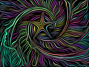Human face profiles united by star woodcut pattern on subject of relationships, love, romance and friendship. Traditional Media series.