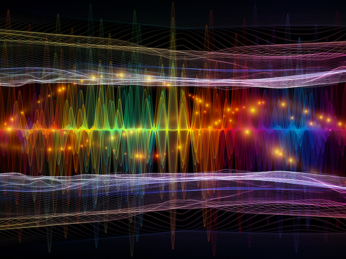 Spectrum of Oscillation. Optical Flow series. Creative arrangement of color lines and lights isolated on black background to serve as backdrop for projects on technology, design and education