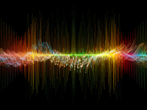 Wave Function series. Backdrop of colored sine vibrations, light and fractal elements on the subject of sound equalizer, music spectrum and  quantum probability