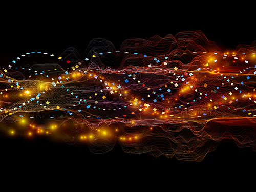 Color Oscillation. Optical Flow series. Composition of color lines and lights isolated on black background in association with technology, design and education