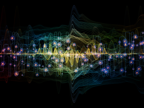 Spectrum of Oscillation. Optical Flow series. Interplay of color lines and lights isolated on black background related to technology, design and education