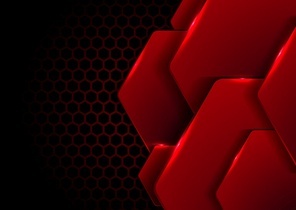 Abstract black and red metallic hexagon with lighting on hexagons texture pattern technology innovation concept background. Vector illustration