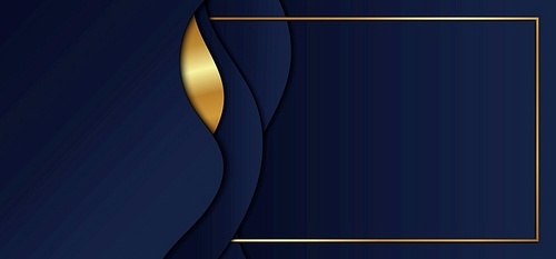 Abstract blue gradient color wave shape with gold stripes and frame overlap layers on dark blue background. Vector illustration