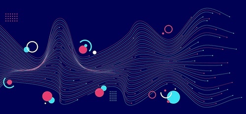 Abstract blue and pink wave lines with geometric on dark blue background. Technology digital data communication science concept. Vector illustration
