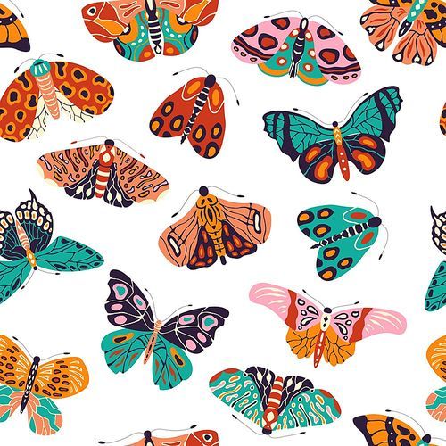 Seamless pattern with colorful hand drawn butterflies and moths on white background. Stylized flying insects, vector illustration.