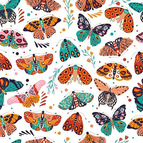 Seamless pattern with colorful hand drawn butterflies and moths on white background. Stylized flying insects with flowers and decorative elements, vector illustration.