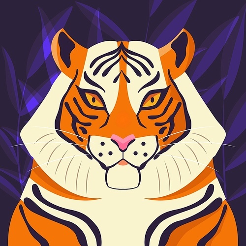colorful portrait of beautiful tiger on purple background. hand drawn wild animal. big .