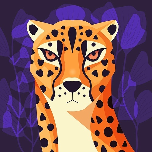 Colorful portrait of beautiful cheetah on purple background. Hand drawn wild animal. Big cat.