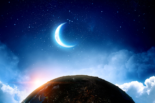 Earth, moon and stars on night blue sky