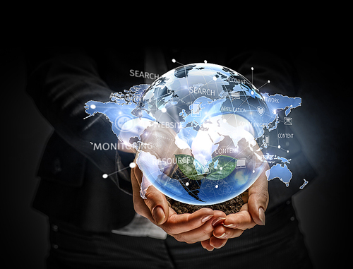 Close up of businesswoman hand showing digital earth globe. 3d rendering