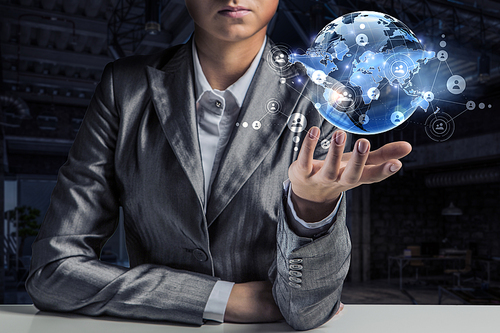 Businesswoman hand showing digital earth globe. 3d rendering