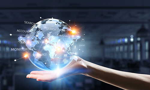 Close up of businessman hand showing digital earth globe. 3d rendering
