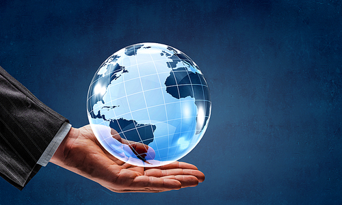 Close up of businessman hand showing digital earth globe. 3d rendering
