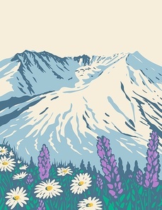 WPA poster art of Mount St. Helens National Volcanic Monument within Gifford Pinchot National Forest in Washington State done in works project administration style style or federal art project style.