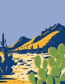WPA poster art of prickly pear cactus or opuntia growing in Ironwood Forest National Monument located in the Sonoran Desert of Arizona done in works project administration style.