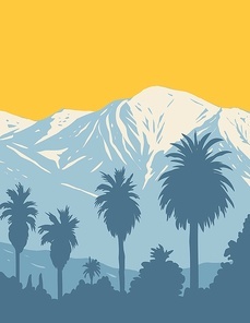 WPA poster art of San Gabriel Mountains National Monument located in Angeles and San Bernardino National Forest in California in works project administration style style or federal art project style.