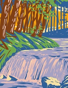 WPA poster art of Boykin Creek Waterfall in Angelina National Forest located in East Texas in parts of San Augustine, Angelina, Jasper and Nacogdoches counties in works project administration style.