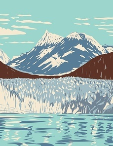WPA Poster Art of Glacier Bay National Park and Preserve with tidewater glaciers mountains fjords located west of Juneau Alaska done in works project administration style or federal art project style.