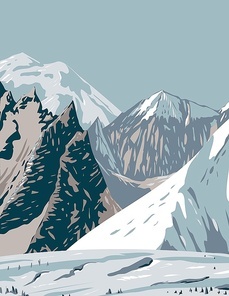 WPA Poster Art of Mount Hunt, Mount Huntington and Mount Dickey of the Alaska Range near Denali National Park done in works project administration style  or federal art project style.