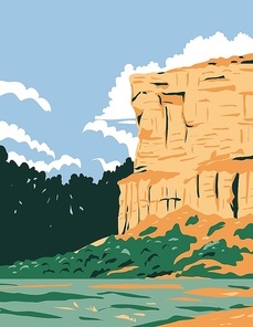 WPA Poster Art of Pompeys Pillar National Monument a sandstone pillar and rock formation located in south central Montana, United States done in works project administration style.