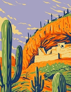 WPA Poster Art of  Salado-style cliff dwelling and saguaro cactus in Tonto National Monument in the Superstition Mountains located in Gila County, Arizona done in works project administration style.