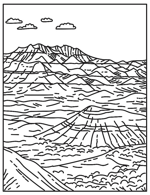 Mono line illustration of layered rock formations in Badlands National Park located in South Dakota United States of America done in retro black and white monoline line art style.