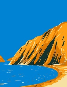WPA poster art of a beach in Santa Cruz Island located in the Channel Islands National Park, California, United States done in works project administration style or federal art project style.