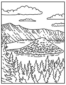 Mono line illustration of Crater Lake in within Crater Lake National Park located in south-central Oregon, United States of America done in retro black and white monoline line art style.