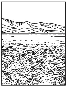 Mono line illustration of Devil's Golf Course located in the Mojave Desert within Death Valley National Park, California United States of America done in retro black and white monoline line art style.