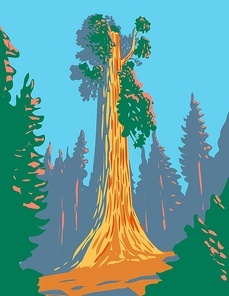 WPA poster art of the General Grant tree, a giant sequoia in the General Grant Grove section of Kings Canyon National Park in California, United States done in works project administration style.