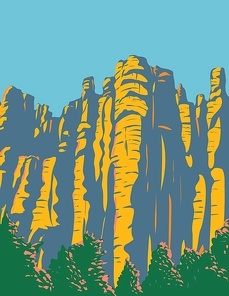 WPA poster art of hoodoos in the Chiricahua Mountains located in Chiricahua National Monument in Arizona, United States done in works project administration style or federal art project style.