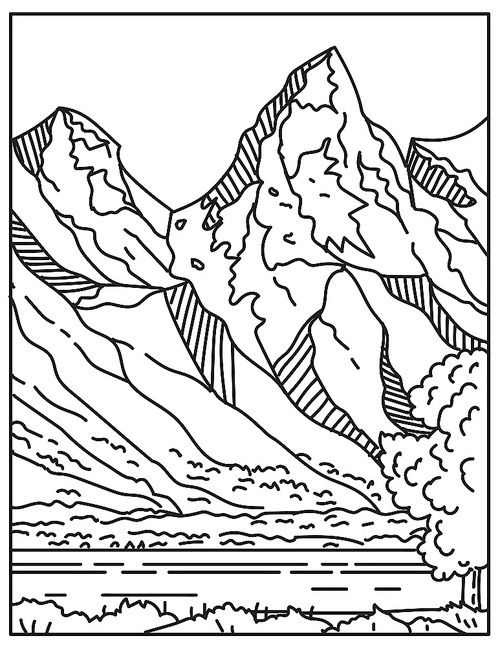 Mono line illustration of Jackson Hole or Jackson's Hole with the Teton Range in the background located in Wyoming, United States of America done in retro black and white monoline line art style.