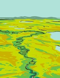 WPA poster art of a river snaking its way through the tundra in southeast Cape Krusenstern National Monument located in Alaska USA in works project administration style or federal art project style.
