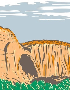 WPA poster art of La Ventana Natural Arch within El Malpais National Monument located in New Mexico, United States of America done in works project administration style or federal art project style.
