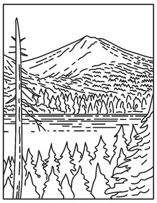 Mono line illustration of summit of Lassen Peak Volcano within Lassen Volcanic National Park in northern California, United States of America done in retro black and white monoline line art style.