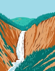 WPA poster art of the Lower Yellowstone Falls within Yellowstone National Park located in Wyoming, United States done in works project administration style or federal art project style.