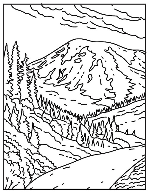 Mono line illustration of Mount Rainier in Mount Rainier National Park located in Washington State, United States of America done in retro black and white monoline line art style.