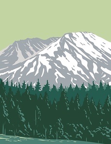 WPA poster art of Mt. Saint Helens in Mount St. Helens National Volcanic Monument located in Gifford Pinchot National Forest, Washington State United States done in works project administration style.