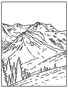 Mono line illustration of summit of glacier-clad Mount Olympus in Olympic National Park located in Washington State, United States of America done in retro black and white monoline line art style.