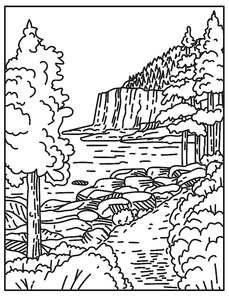 Mono line illustration of Otter Cliff along the North Atlantic Seaboard located in Acadia National Park Maine, United States of America done in retro black and white monoline line art style.