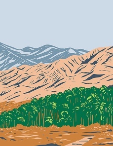 WPA poster art of San Bernardino Mountains, Mojave Desert and northwestern Colorado Desert within Sand to Snow National Monument, California United States done in works project administration style.