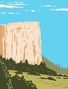 WPA poster art of Inscription Rock, a sandstone bluff in El Morro National Monument in Cibola County, New Mexico, United States done in works project administration style or federal art project style.