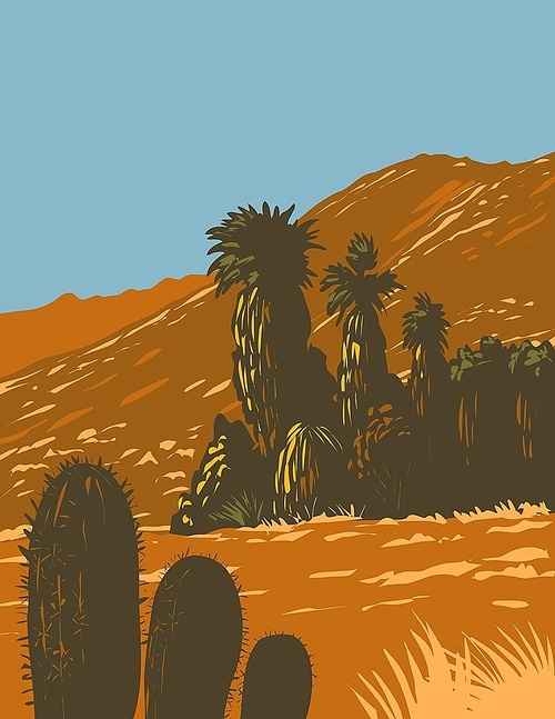 WPA poster art of cactus and desert fan palm growing in Santa Rosa and San Jacinto Mountains National Monument in Palm Desert, California, United States done in works project administration style.
