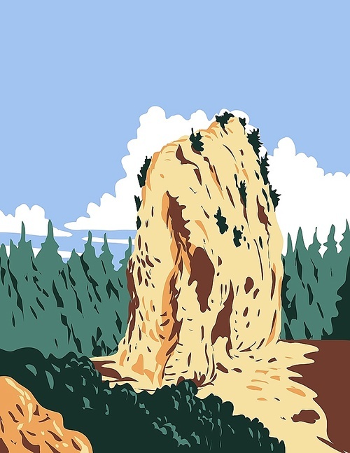 WPA poster art of Sugar Loaf located in Mackinac Island within Mackinac National Park in Michigan that existed from 1875 to 1895 in works project administration style or federal art project style.