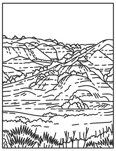 Mono line illustration of the Painted Canyon located in Theodore Roosevelt National Park in western North Dakota, United States of America done in retro black and white monoline line art style.