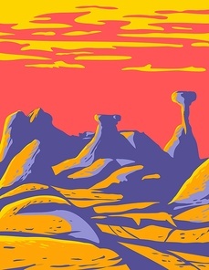 WPA poster art of toadstools at the Grand Staircase-Escalante National Monument located in southern Utah, United States done in works project administration style or federal art project style.