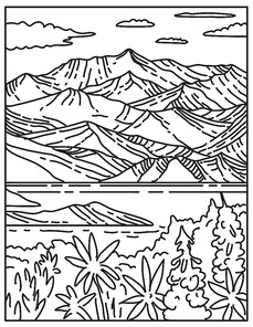 Mono line illustration of Wrangell-St. Elias National Park and Preserve located in south central Alaska,  United States of America done in retro black and white monoline line art style.