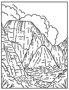Mono line illustration of Zion Canyon in Zion National Park located in Springdale, Utah, United States of America done in retro black and white monoline line art style.