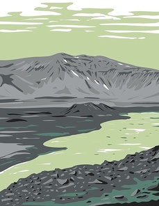 WPA poster art of a caldera in remote wilderness of the Alaska Peninsula in Aniakchak National Monument and Preserve USA done in works project administration style or federal art project style.