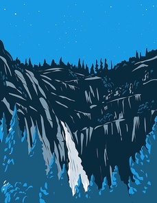 WPA poster art of nighttime at Cascade Falls or The Cascades with rugged Merced River Canyon in Sierra Nevada within Yosemite National Park, California USA done in works project administration style.